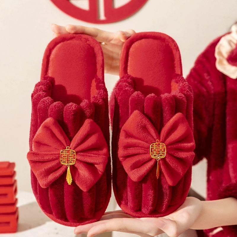 Lidani Hochzeitspantoffeln Damen Herbst und Winter Paar festliches Rot Paar Zuhause warm rutschfest Hochzeit Baumwollmopp