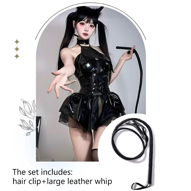 Sexy Little Devil Leather Skirt Set, Sexy JK Uniform, Halloween Cosplay Costume, Sexy Stockings Uniform Set