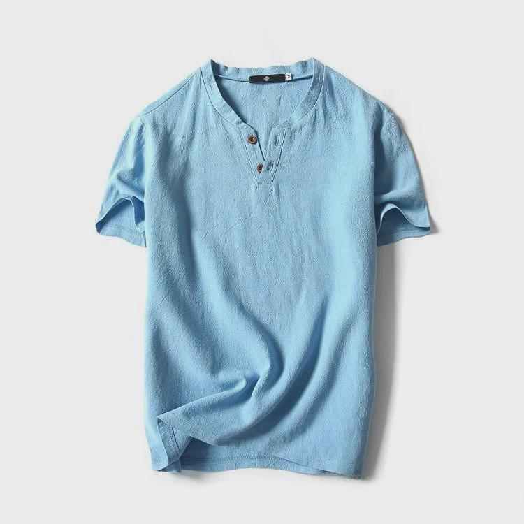 

Мужская летняя футболка из хлопка и льна с V-образным вырезом и коротким рукавом на пуговицах M
