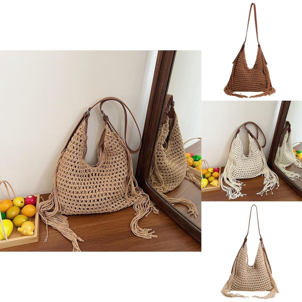Vintage Style Wicker Handbag With Zipper Inner Pocket For Daily Casual Use