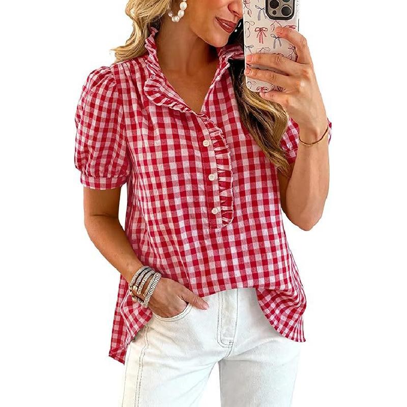 2026 Summer Top Striped Plaid Ruffle Puff Short Sleeve V-Neck Button Women's Casual Shirt