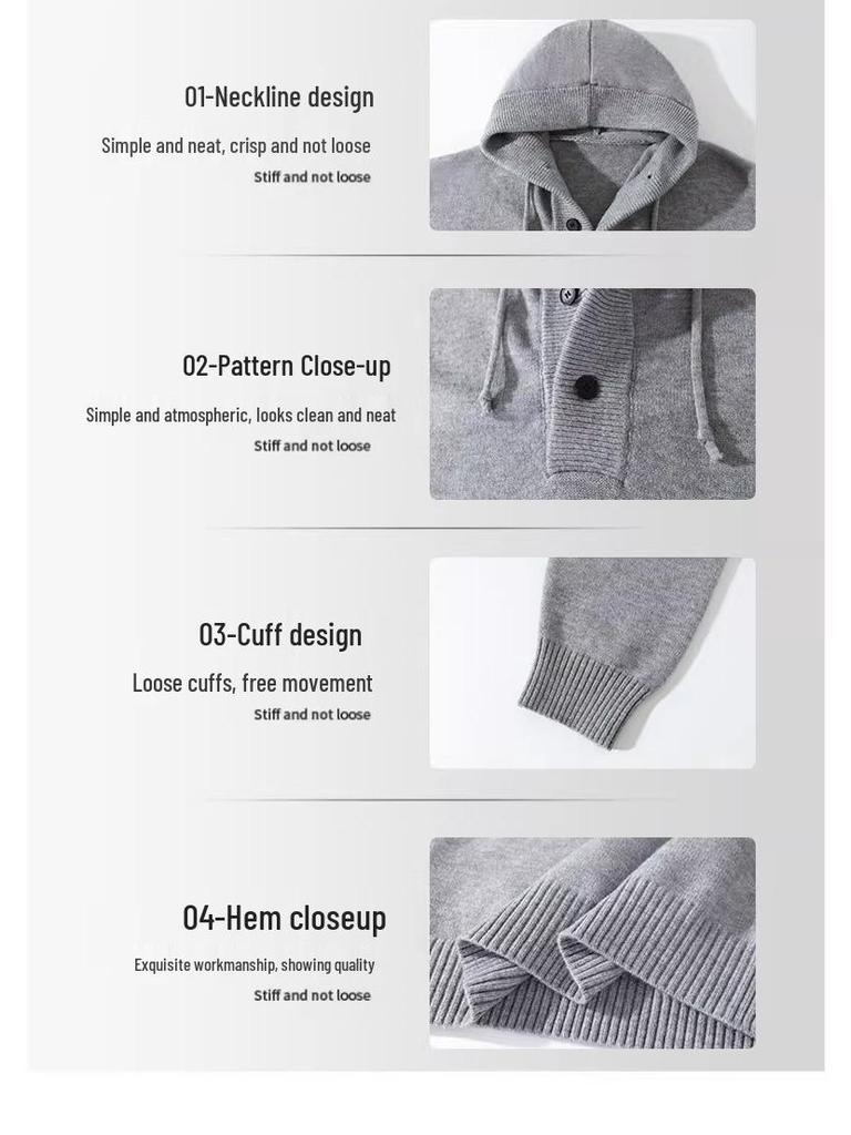 Men's Heavyweight Solid Color Knit Hooded Sweater - Loose Fit Casual Pullover for Autumn/Winter