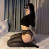 Krajkové černé a olejově šedé podvazkové punčochy Aurora - Dámské sexy vysoké ponožky
