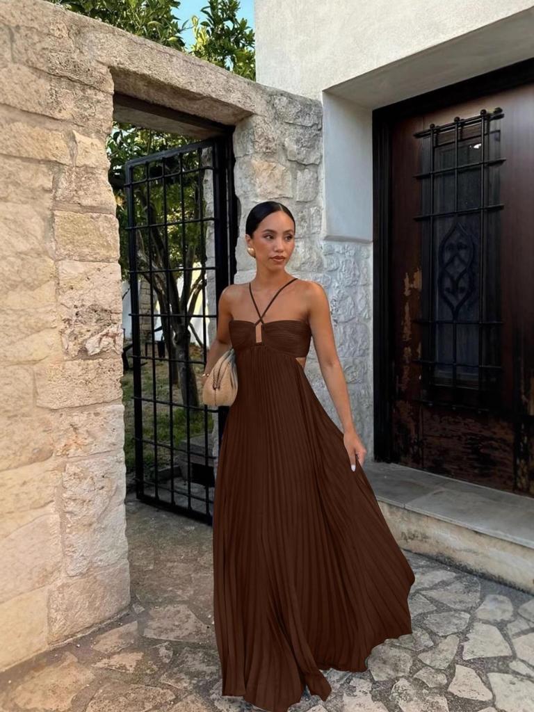 Europäisches/Amerikanisches Trägerloses Plissee-Neckholder-Kleid - Damen Sommer Einfarbig Ärmellos Strand Resort Kleidung