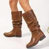 Women's Solid Color Leather Boots, Chunky Heel Knee High Riding Boots, Wrinkled Casual Knight Boots for Women