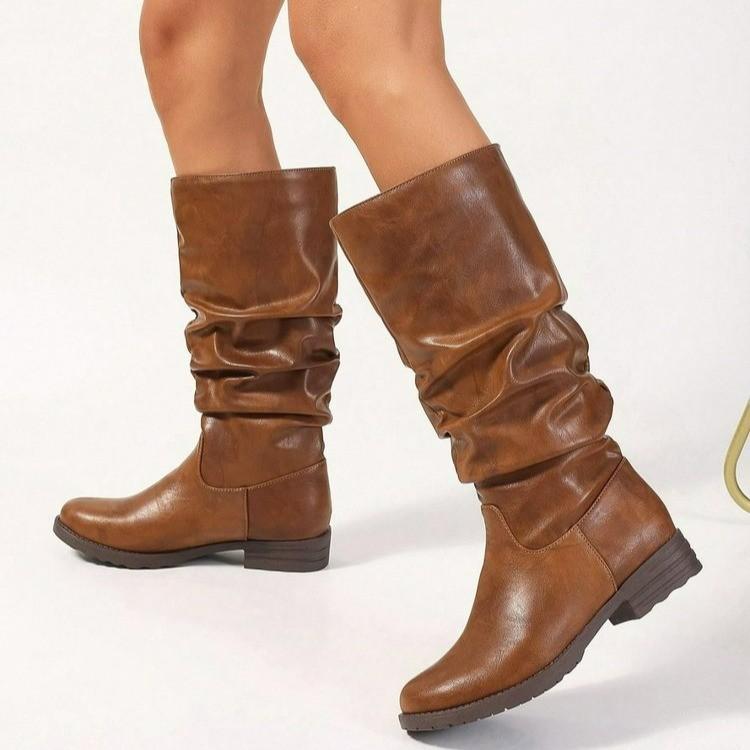 Women's Solid Color Leather Boots, Chunky Heel Knee High Riding Boots, Wrinkled Casual Knight Boots for Women
