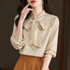 2025 Spring/Autumn Women's High-End Flowy Ribbon Bow Long Sleeve White Shirt for Professional Wear
