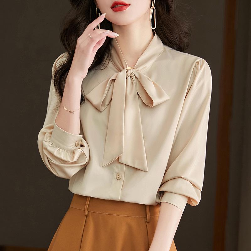 2025 Spring/Autumn Women's High-End Flowy Ribbon Bow Long Sleeve White Shirt for Professional Wear