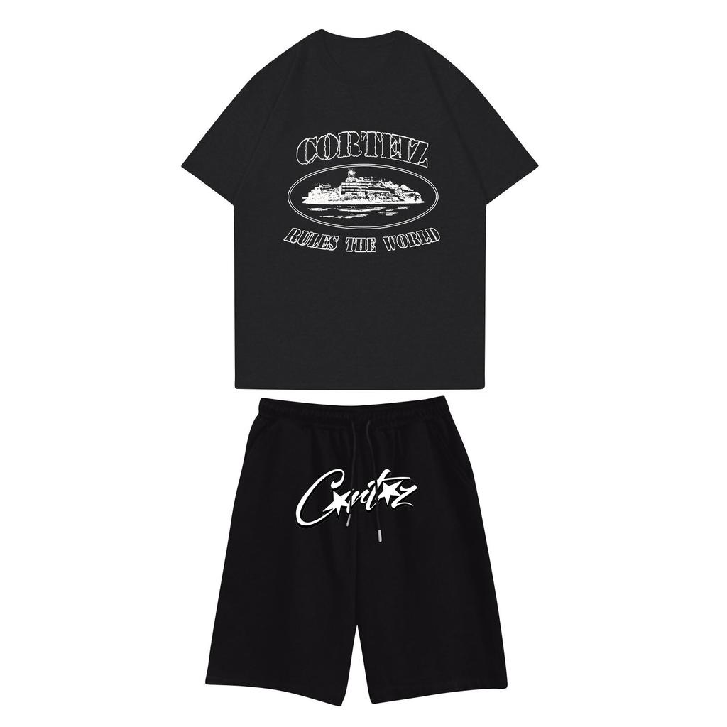 Unisex Jogging Set Summer Casual Printed Round Neck Short Sleeve T-Shirt + Shorts Set Sports Suit