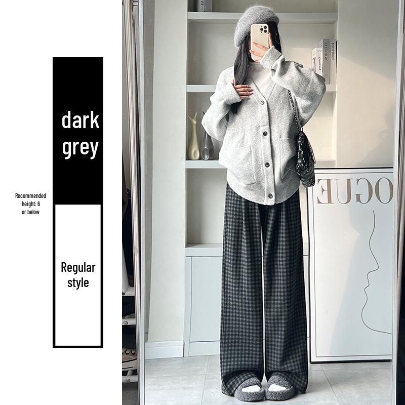 Women s Retro Plaid High Waist Wide Leg Woolen Pants - Slimming, Plus Velvet Cotton, Autumn/Winter 2025. XL
