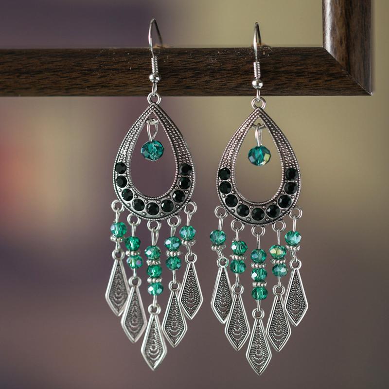 Ethnic Colorful Rhinestone Crystal Tassel Earrings For Women Vintage Niche Water Drop Shaped Earrings Vacation Daily Jewelry
