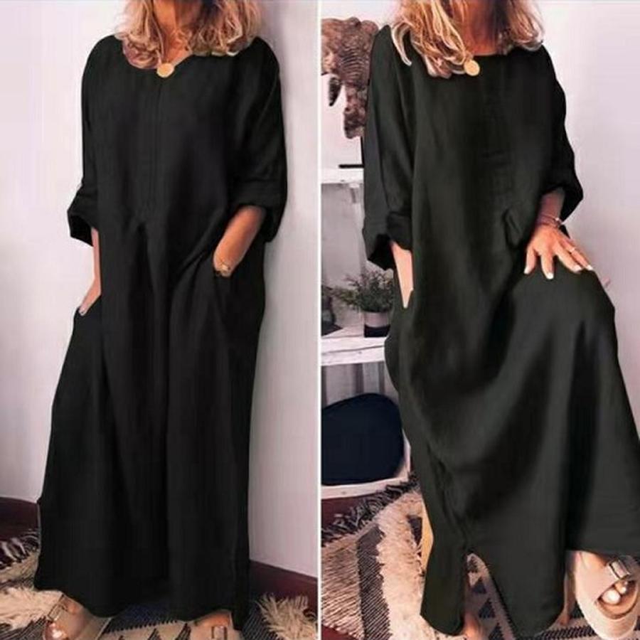 

Весна/Осінь Жіноча Бавовняно-Лляна Однотонна Вільна Сукня з Довгим Рукавом Довжини Максі XXL чорний
