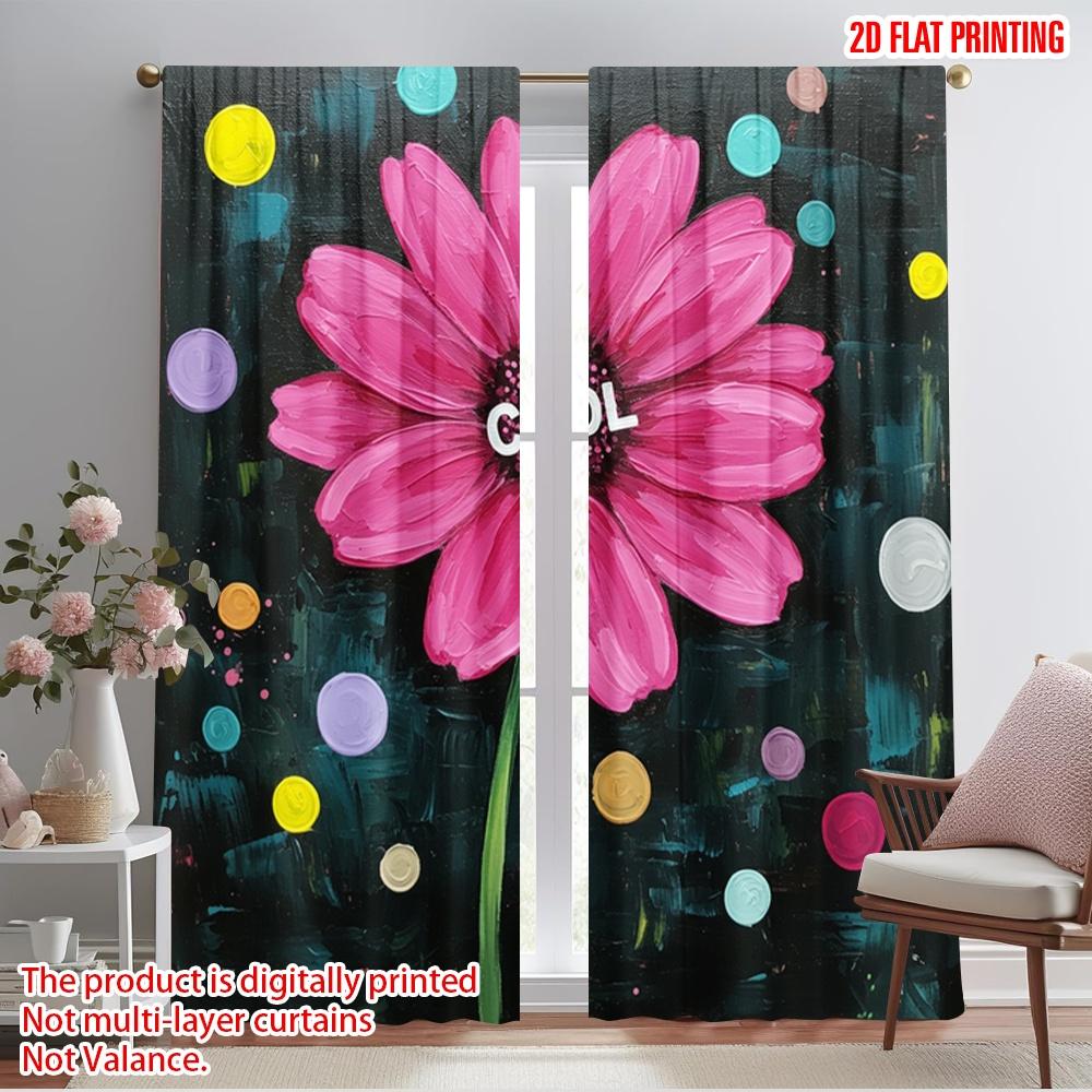 2pcs 2D Flat Printing Party Curtains Pink Flower Cool Polyester Without Electricity Festive Wall Decor Perfect for Holiday