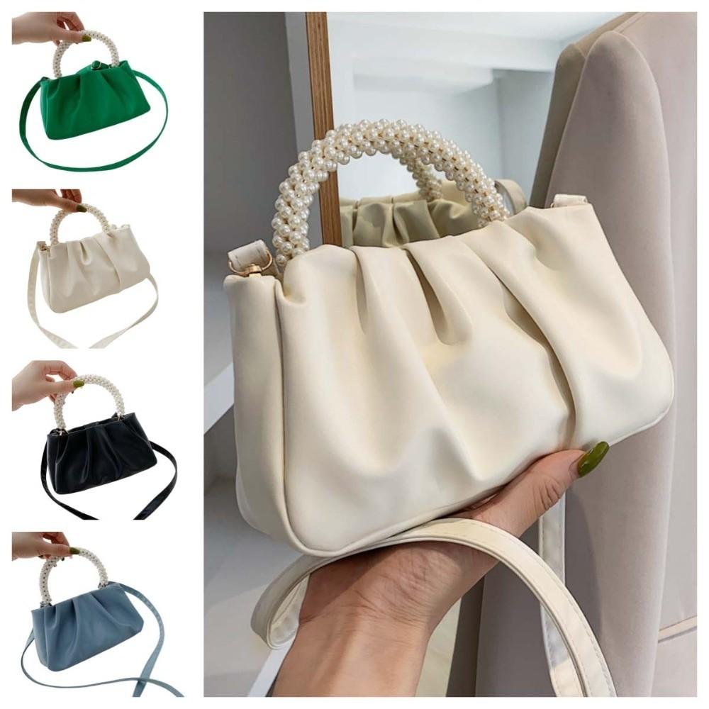 Dumpling Bag Korean PU Cloud Bag Solid Color Imitation Pearl Women Shoulder Bag Wrinkled PU Leather PU Leather Pearl Handbag