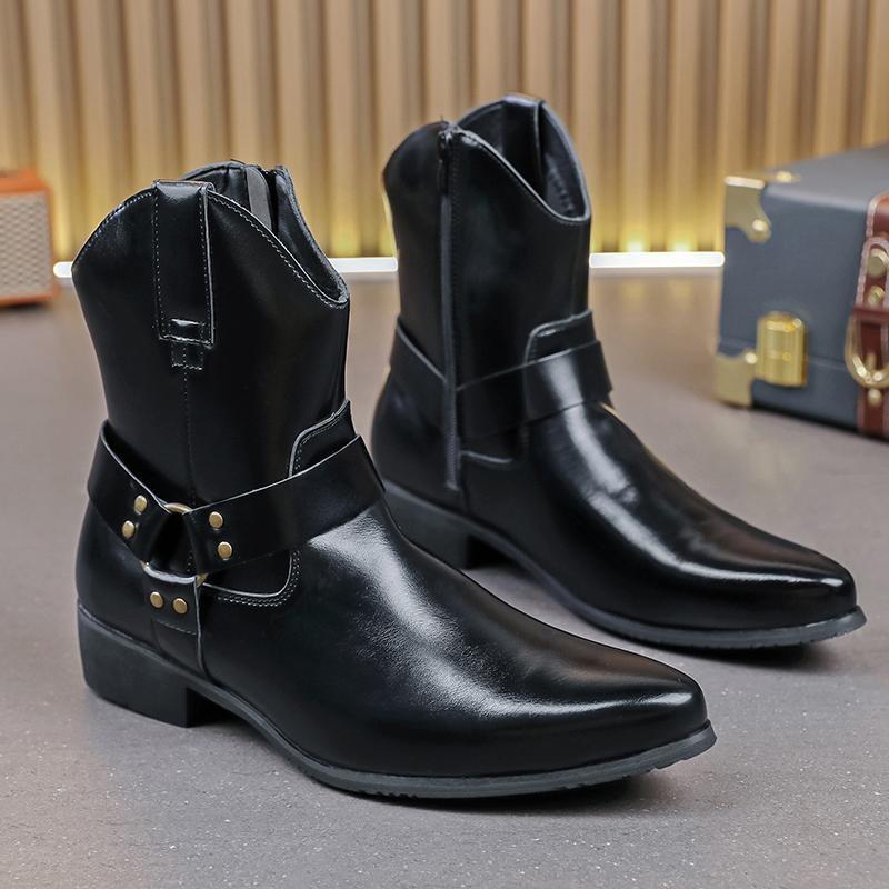 Martin boots men's high-top shoes pointed British short boots autumn and winter mid-tube heightening zipper casual leather boots