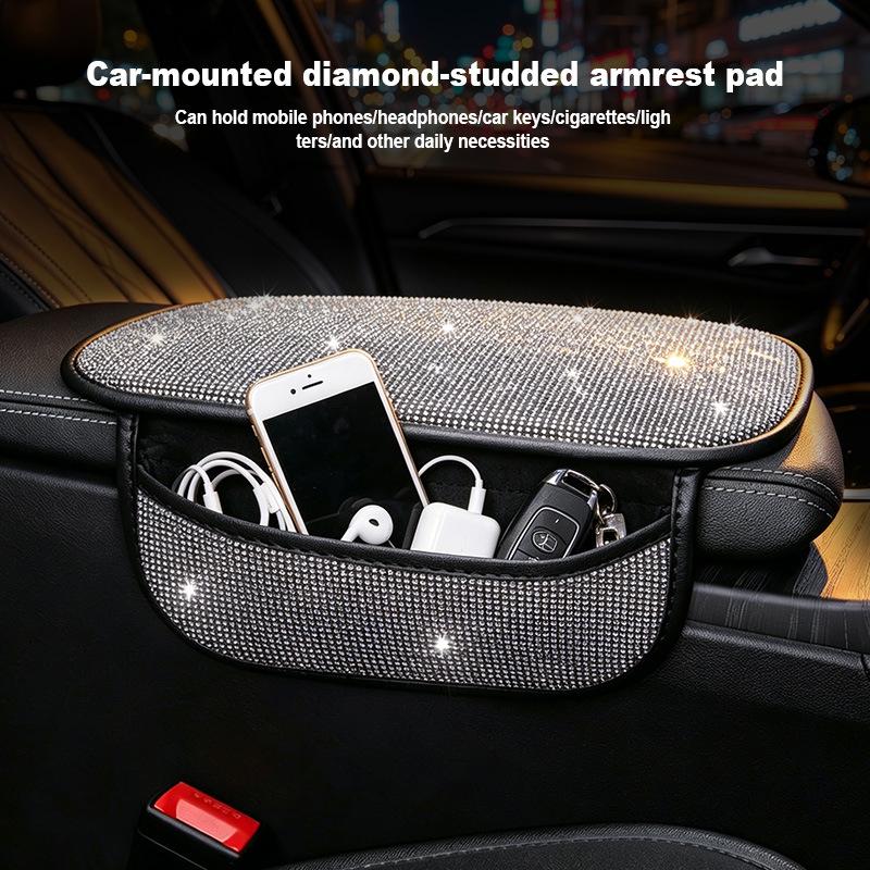 Bling Car Armrest Box Cushion With Side Phone Pocket Rhinestones Auto Center Console Protector Pad For Women Interior Accessorie