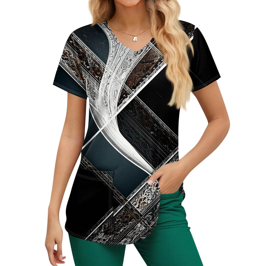 Pracovní uniforma s potiskem nadměrných velikostí pro ženy Potisk s výstřihem do V Krátký rukáv Zábavná trička Pracovní oblečení Tričko s kapsami