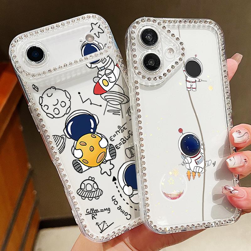 Diamond Astronaut Pattern Phone Case For iPhone 16e 17 Air 16 15 14 Pro Max 13 17 Pro Max 17 16 15 Plus Shockproof Bling Diamond TPU Soft Cover