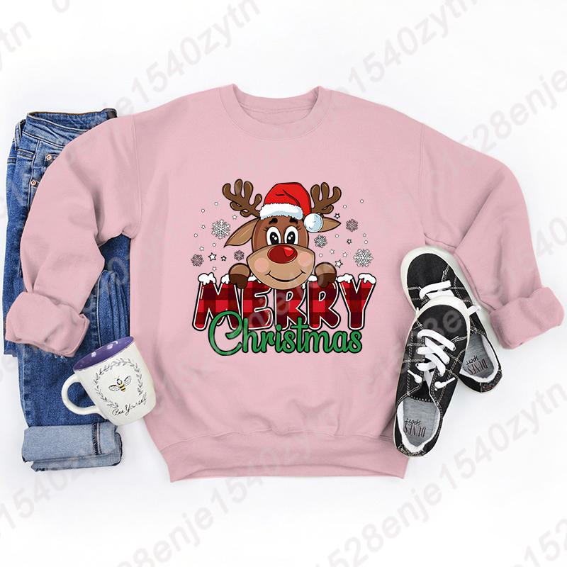 Women's Festive Christmas Reindeer & Plaid Graphic Sweatshirt, Casual Loose Fit, Long Sleeve, Crew Neck Sweatshirts for Winter