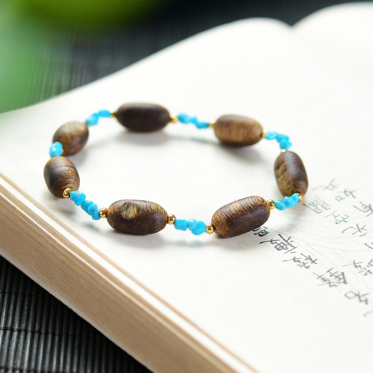 Agarwood Qinan Jujube Beads & Turquoise 925 Silver Bracelet (No Oil Injection) 8mm