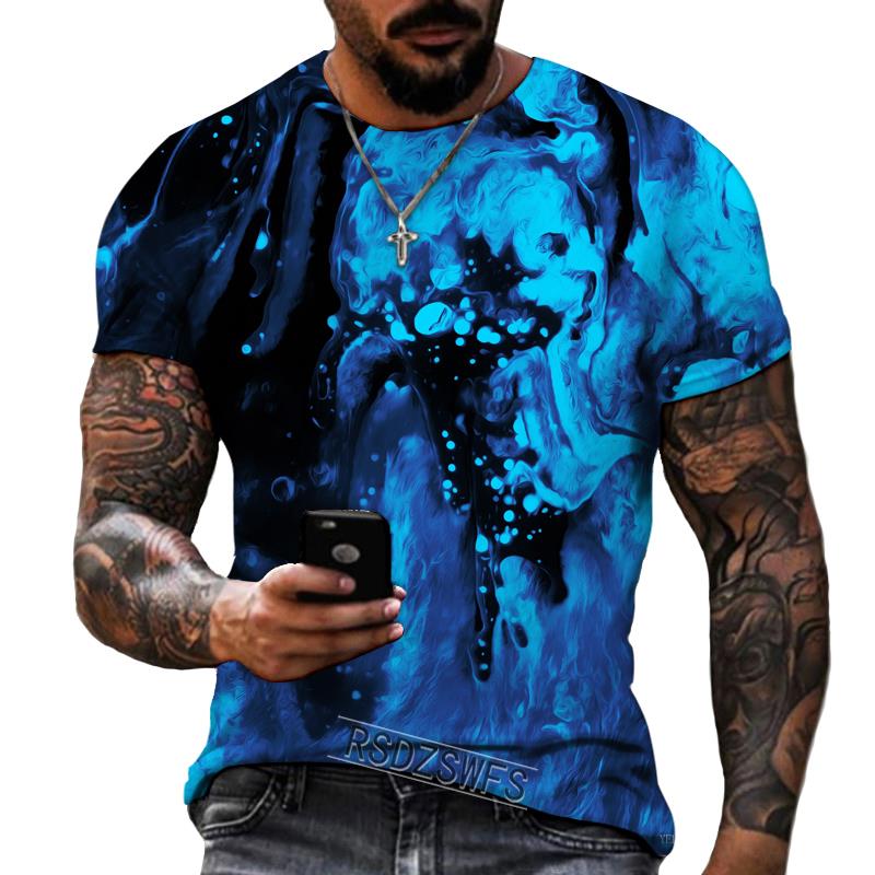 Blue And Black Color Mix And Match 3D Printing Men's Round Neck T-shirt Lycra Polyester Fabric Casual Brand Clothing Oversized