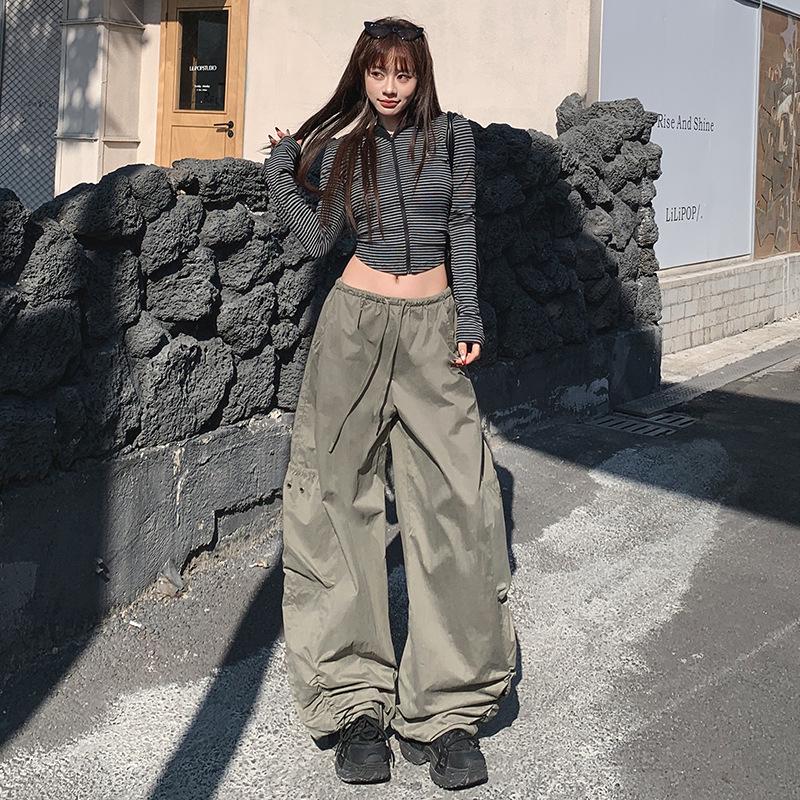 Women s Loose Wide-Leg Cargo Pants with Drawstring and Big Pockets - Casual Spring/Summer 2026 M