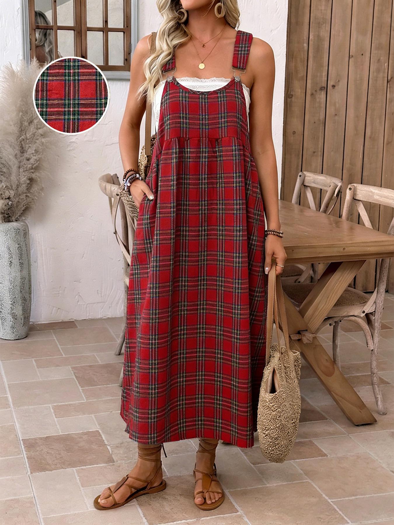 Plus Size Women s Plaid Overall Dress with Pockets for Spring and Summer 3XL