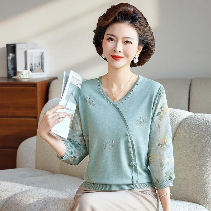 

Spring & Summer 2026 Beaded Gauze Sleeve Top for Middle-Aged Women 115 (suggested for 115-135 lbs) озеро синього кольору