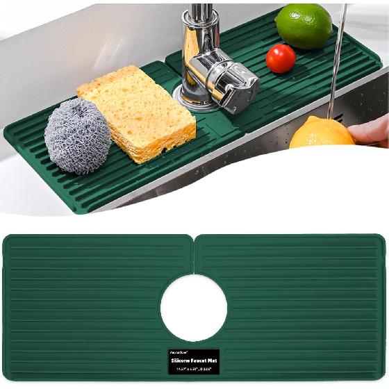 Faucet Mat for Kitchen Sink, Silicone Faucet Handle Drip Catcher Tray, Drying Mat as Sponge and Soap Holder with Lateral Inflow for Kitchen Bathroom 5.5  x 14.5  темно-зеленого