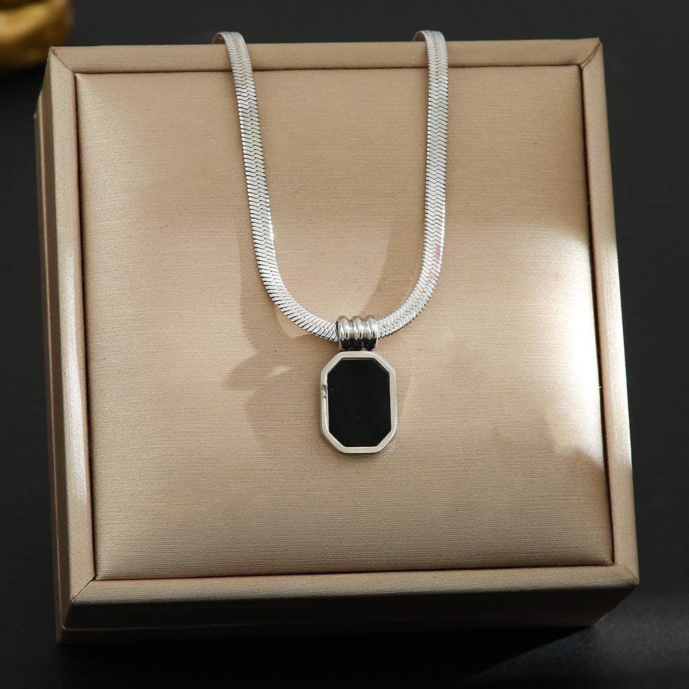 Black Rectangular Pendant Necklace for Women - Niche Design, Full Titanium Steel, Gold-Plated Clavicle Chain