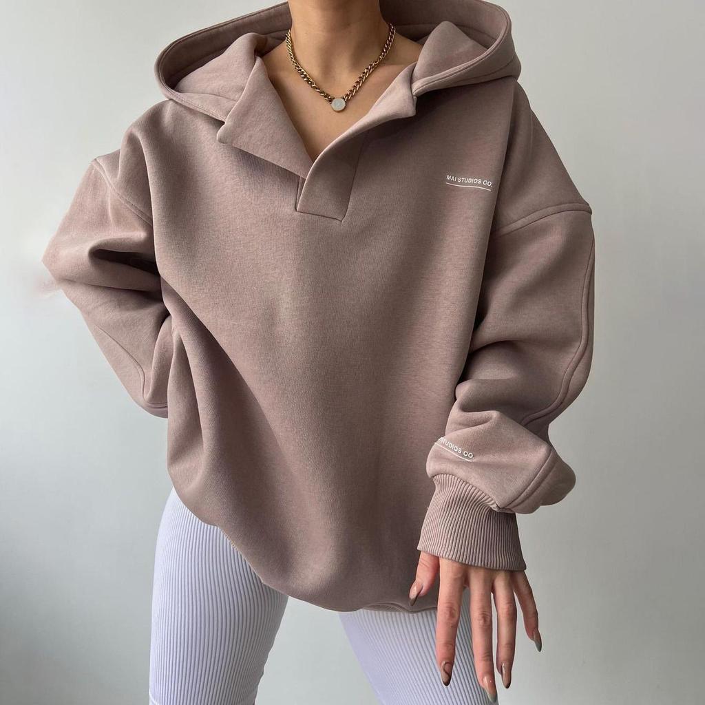 Damen Langarm Kapuzenpullover V-Ausschnitt Lockere Pullover Damen Tops Einfarbig Sweatshirts