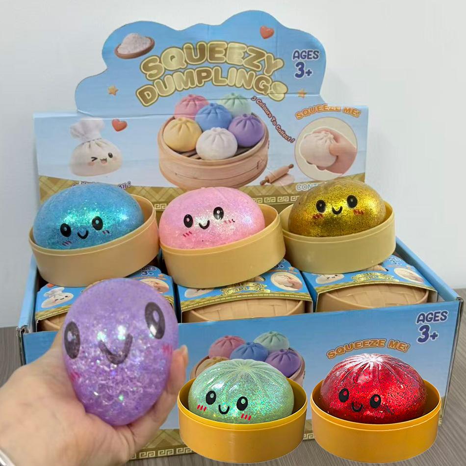 Glitter Dumpling Fidget Toy Squishy Stress Relief Balls with Steamer Reusable Rebound Squeeze Reliever Toys Dough Ball Gifts