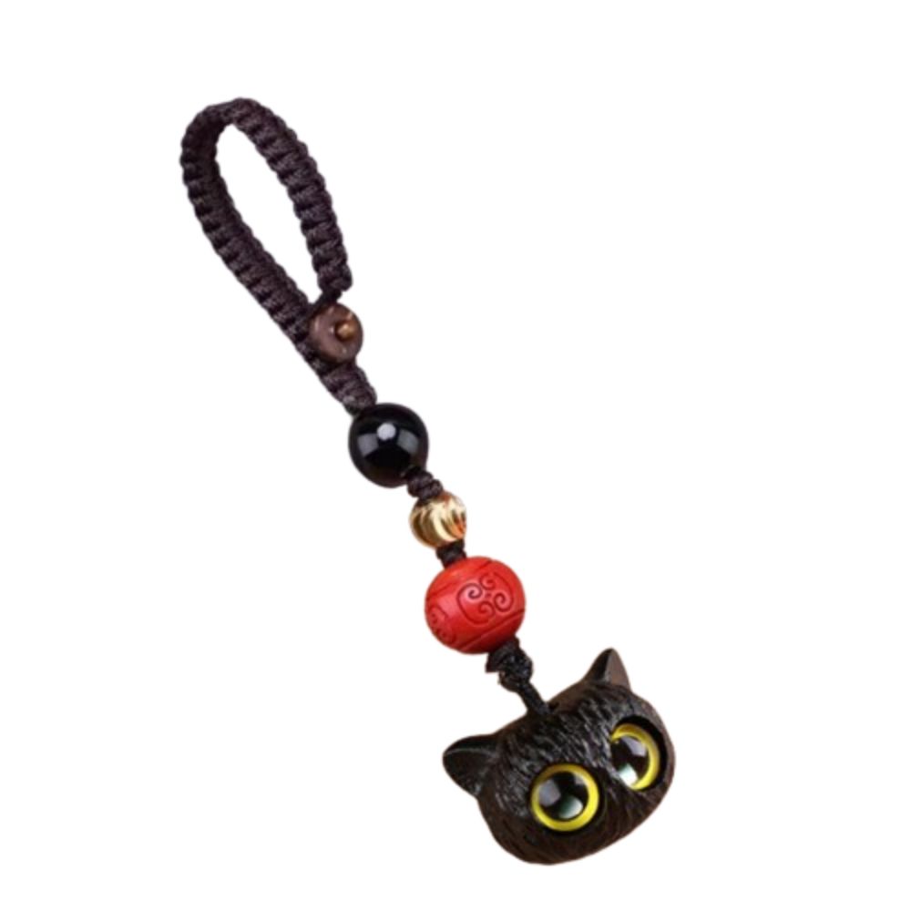 

Cartoon Cat Head Pendant Key Ring Black Sandalwood Little Cat Pendant Unisex Style 1