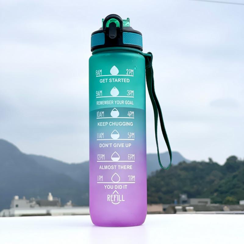 Leakproof Portable Gradient PC Sports Water Bottle with Time Marker,Lockable Lid,Silicone Straw,Fitness&Outdoor Motivational