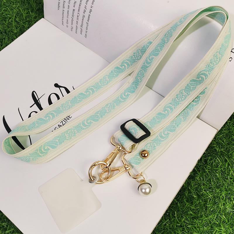 

Mobile phone lanyard long crossbody back shoulder strap lanyard tree leaf pattern pearl pendant adjustment neck wide cloth women s model Crossbody style [teal]