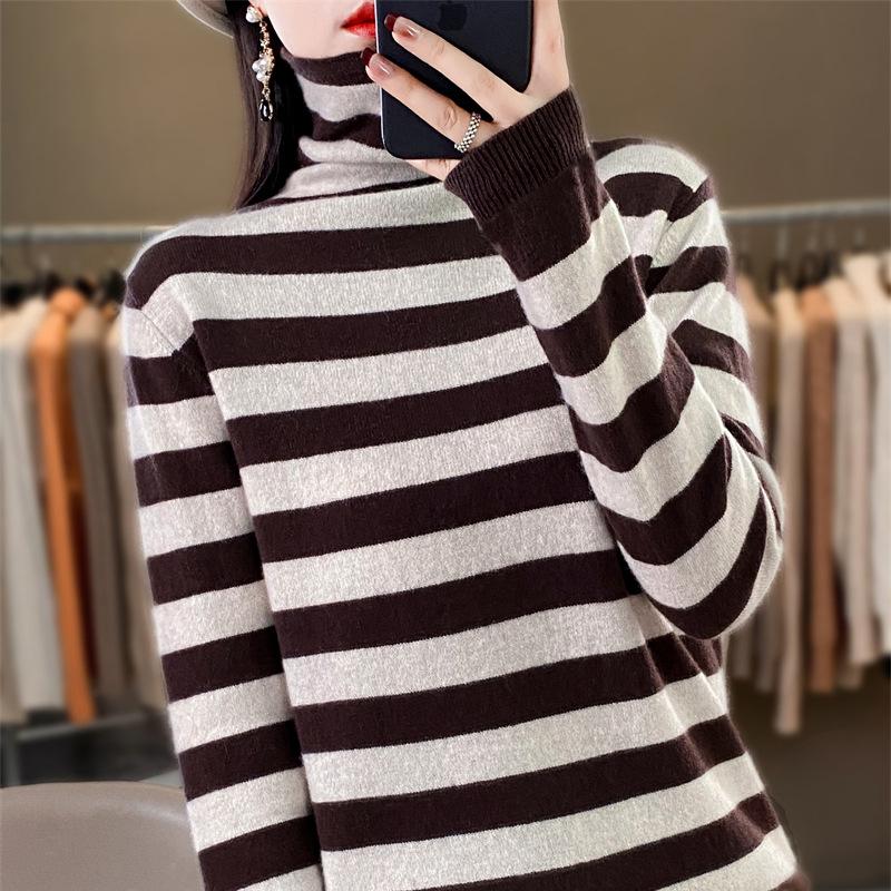 

Осень и зима новый вязаный свитер женский полосатый базовый топ с воротником-стойкой пуловер Энди флисовый топ свободный и тонкий свитер XXL темно-коричневого