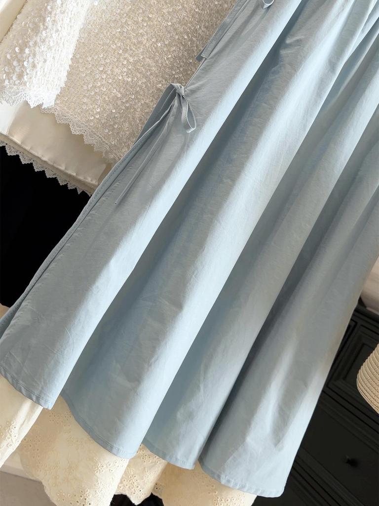 Elegant Spring 2026 Bow High-Waisted A-Line Skirt with Lace Trim