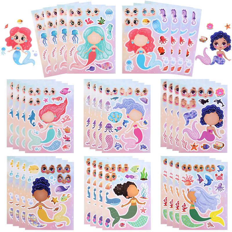 Cartoon Mermaid Puzzle DIY Make a Face Stickers Kids Mermaid Birthday Party Decoration Gift Game DIY Assemble Decal Jigsaw Toys