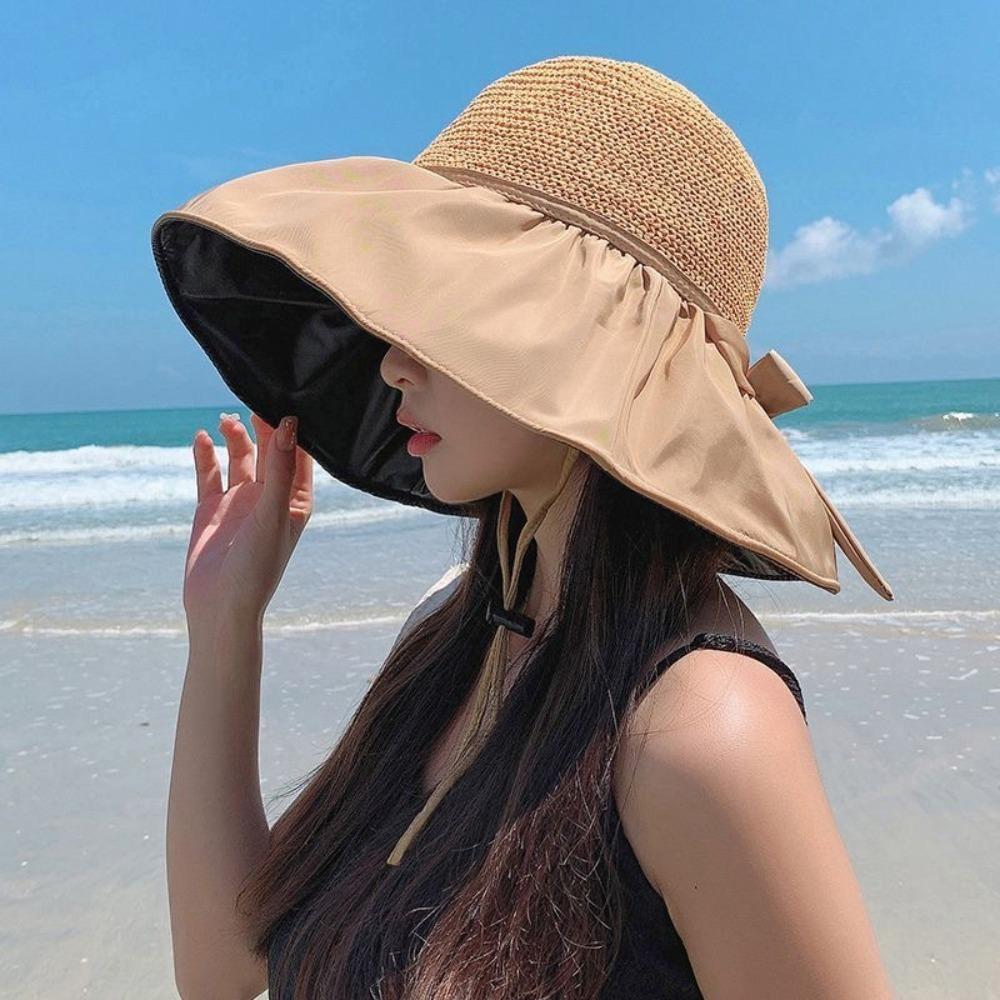 Spring Summer Sun Protection Hat Outdoor Bow Bucket Hat Trendy Wide Brim Sun Hat  for Female