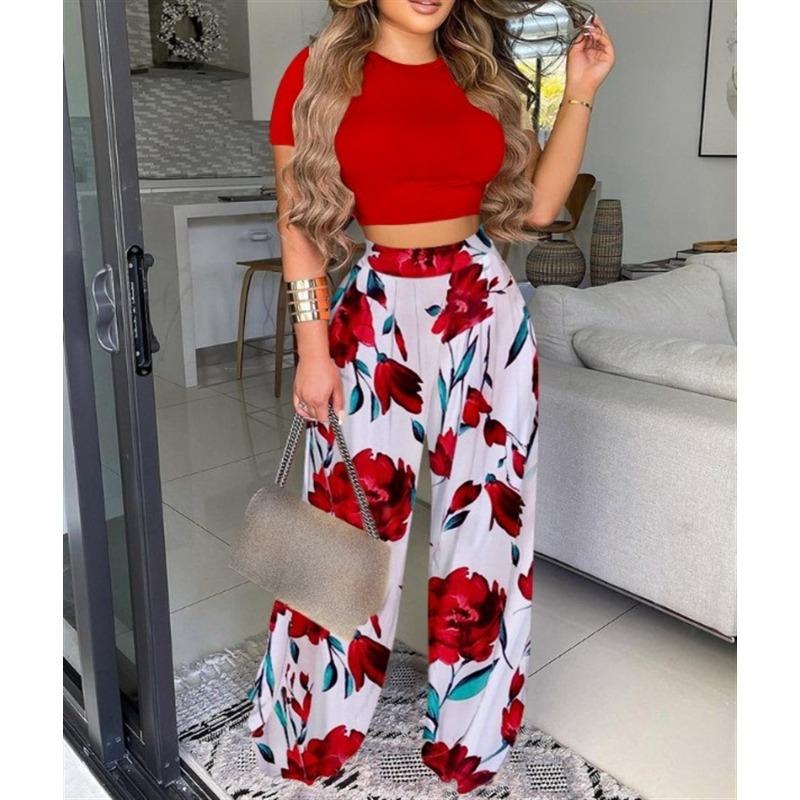 YYFS Pantaloni da donna alla moda casual, estivi e primaverili, tinta unita, con stampa, a maniche corte, con scollo a V