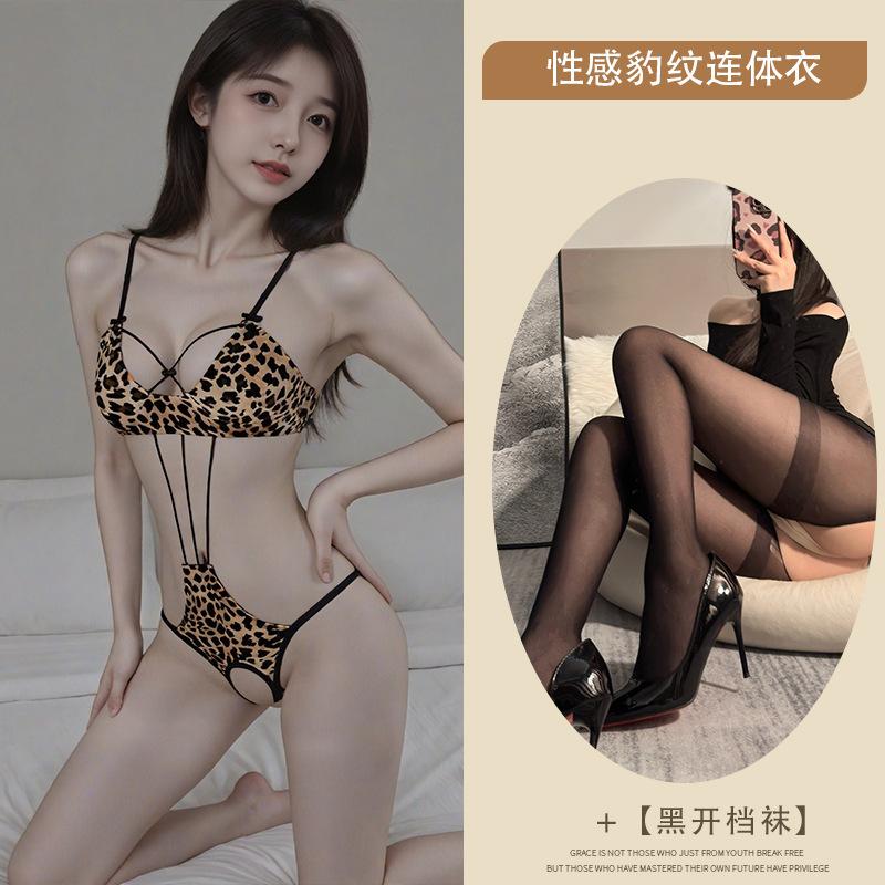 Sexy underwear, sexy hollowed-out straps, leopard print three-point onesie, uniform, passion suit
