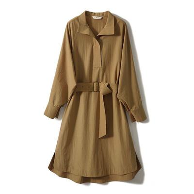 Fashionable and Elegant Solid-color Dress with Lapel Collar and Waistband for Women