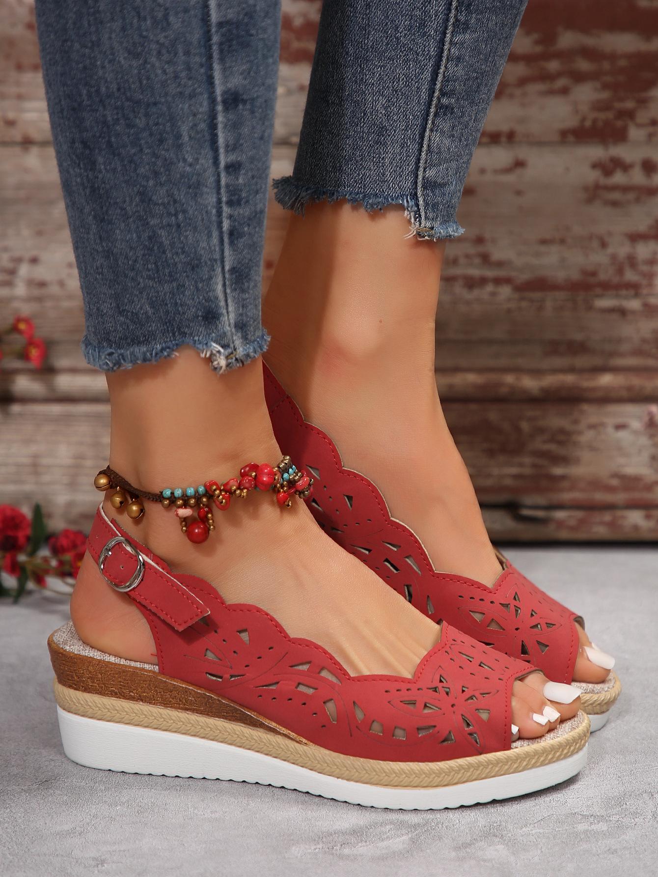 

2025 Independent Station New European and American Sandals Large Size Foreign Trade Hemp Rope Hollow Flower Slope Heel Fish Mouth Sandals Women s Shoe 36