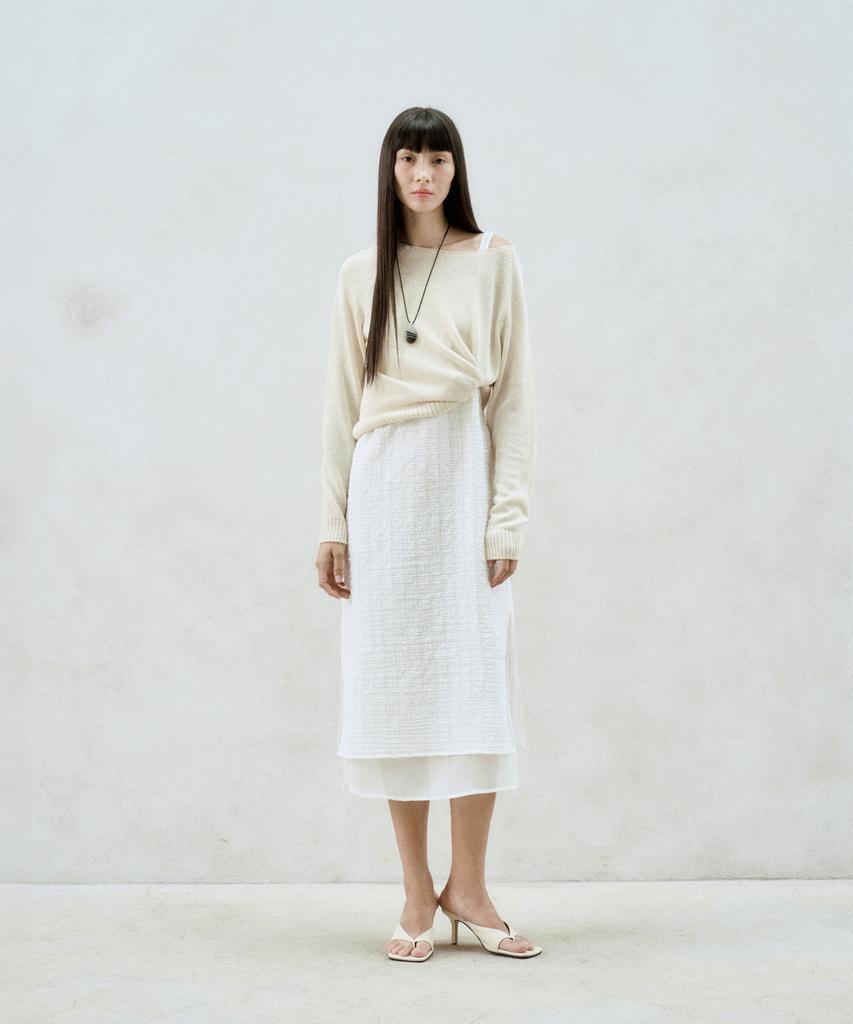 Rie Checked-Chiffon Layered Midi Dress White