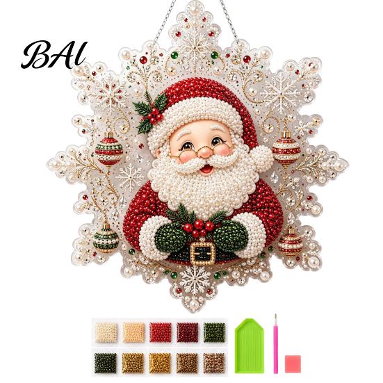 Weihnachts-Bastelsets für Erwachsene Perlenmalerei-Sonnfänger-Kunstset, Acryl-Schneeflockenform-Platte, Handgefertigte Baumdekoration mit Spitzenrand, 3D