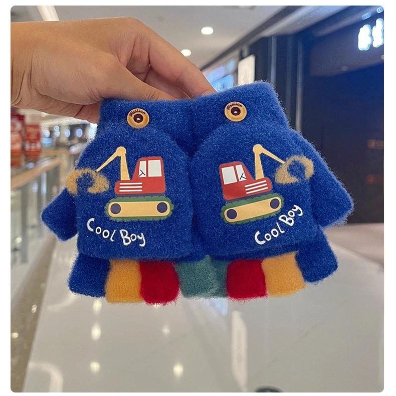 Guantes de Invierno de Dibujos Animados para Niño Lindo Excavadora Gruesos Cálidos Niños Medio Dedo Manoplas Abatibles Exterior Niño Pequeño Cortavientos Guantes para Niños