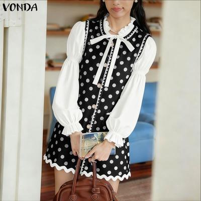 Elegant Women Ruffled Bow Knot Neck Long Sleeve Polka Dots Patchwork Mini Dress