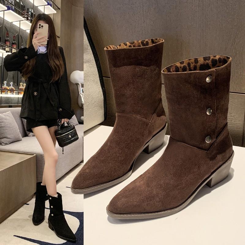 Women's Boots Autumn 2025 New Cow Suede Leather Pointed Metal Buckle Super High Quality Pointed Chelsea Boot Women Knee Boots