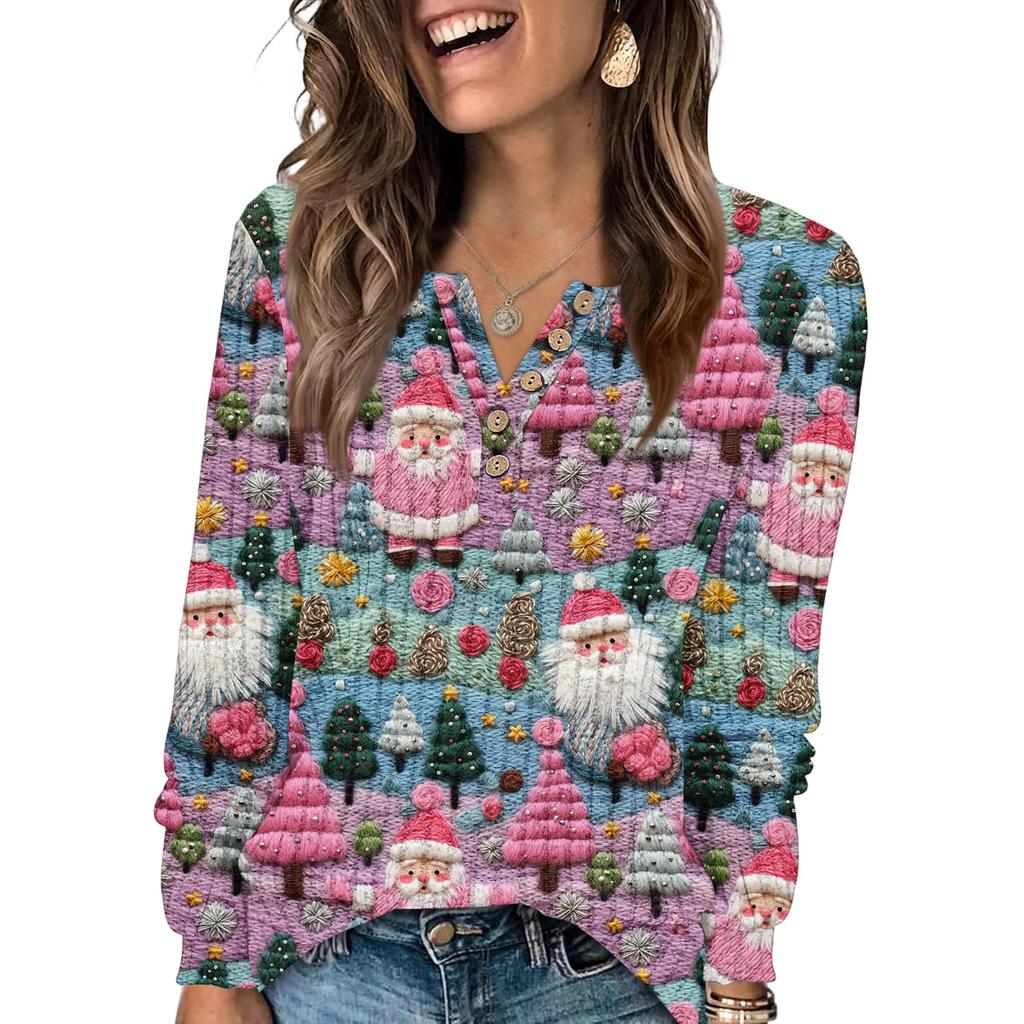 Women's Fashion V-Neck Button-Up T-Shirt With Christmas Print Long-Sleeved Top