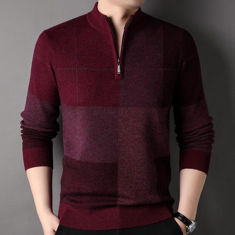 Hengyuanxiang Men s 100% Pure Wool Half-Zip Plaid Thermal Sweater 3XL (180-200 lbs)